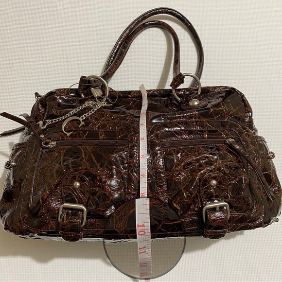 Chenson Brown Leather Patent Faux Croc Pattern Double Zipper Handbag - Picture 11 of 16